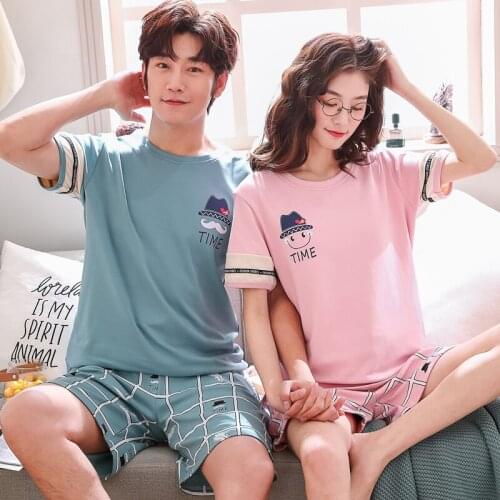 Summer Printed Tops + Plaid Short Pants 2pcs/set Short Sleeve Couple Pajamas Set Women & Men Sleepwear Home Clothing M-4XL