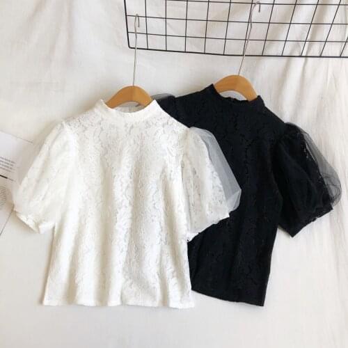 Sweet Style Lace Women T-Shirts Summer New 2021 Puff Sleeved Mesh Patchwork Solid Slim Elegant Office Lady Pulls Tops Tees