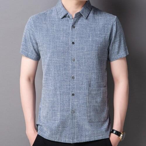 Blue Shirts Men Short Sleeve Solid Casual Mens Shirt Work Business Wedding Daily Brand Camisa Loose Linen Brand Chemise Homme