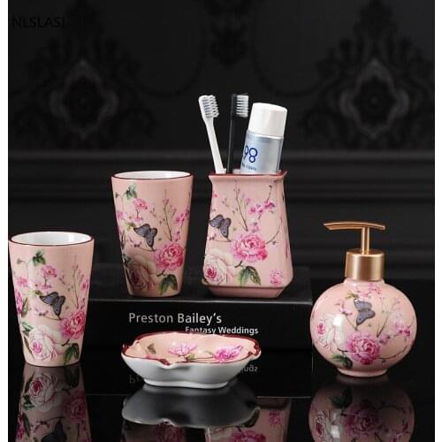 Chinese Style Bathroom Set Ceramic Washroom Accessories Toothbrush Holder Soap Dispenser Soap Dish Gargle Cup Wedding Gifts
