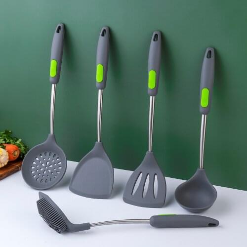 Kitchen Utensils Set Silicone Stainless Steel Cooking Tool Ladle Turner Colander Pot Brush Anti-skid Heat Resistant Non-stick