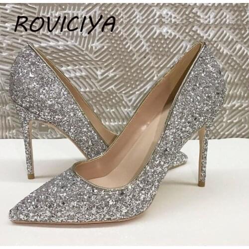 New Silver Glitter Shoes Sparkling Nightclub Shoes Womens Pumps Sexy Stiletto 12cm High Heels Designer LF013 ROVICIYA