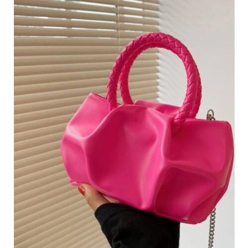 Solid color Pleated Small Totes With Woven Handle 2021 Summer PU Leather Womens Designer Handbag Chain Shoulder Messenger Bag