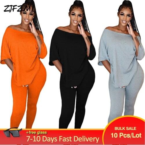 Bulk Items Wholesale Lots Womens Set Slash Neck Half Sleeve Loose T-shirt and Bodycon Skinny Trouser Autumn Fitness Clothing