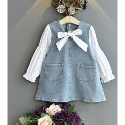 Autumn Girls' Denim Dress Bow Shirt Stitching Loose Dress Long-Sleeved Casual Costumes Baby Kids Outfits ChildrenS Clothing
