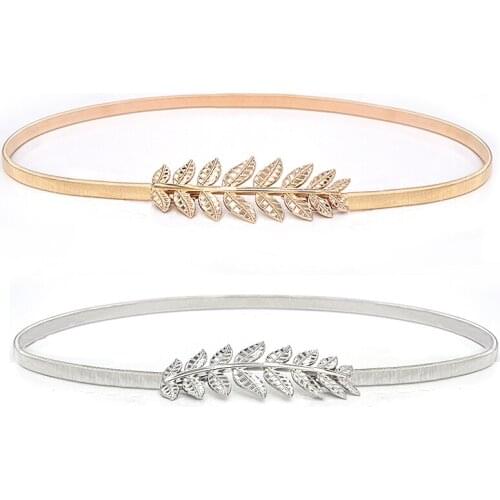 Luxury Leaf Wild Elastic Elastic Thin Belt Metal Waist Chain Gold Dress Dress Fashion Decorative Belt Luxury