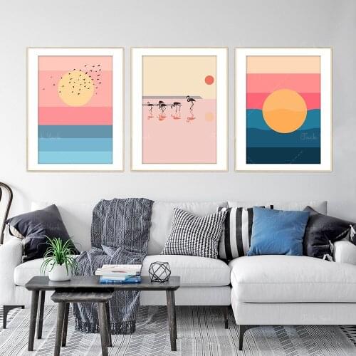Pink Summer, Colorful Sunset, Mid-century Tropic Sunrise, Pink Blue Yellow Poster Set, Spring Freshness, Mothers Day Gift