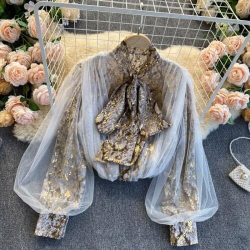 SINGREINY Women Design Mesh Blouse Korean Fashion Bow Collar Lantern Sleeve Tops Autumn Casual Loose Chic Streetwear Blouses