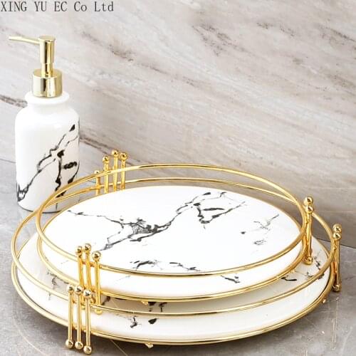 Bathroom Decoration Toiletry Cosmetics Marble Ceramic Storage Rack Vanity Gold Shelves Home Decoration Round Storage Tray