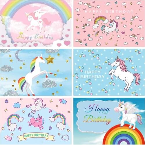 Flower Rainbow Unicorn Sky Pink Birthday Backdrop Photography Photo Baby Party Room Decoration Kids Bath Custom Vinyl Background