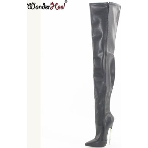 Wonderheel New extreme high heel appr.16cm/18cm heel pointed toe sexy black matte stiletto metal heel sexy fetish Crotch boots