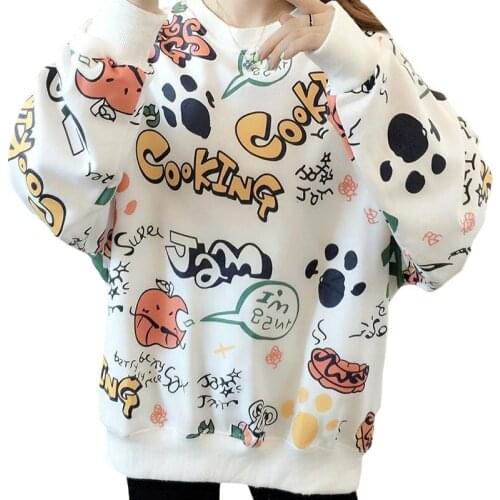 Korean O-neck Autumn Winter Plus Velvet Women Sweatshirt White Coat Bear Footprints Demon Pumpkin Print Harajuku Pullover Maiden