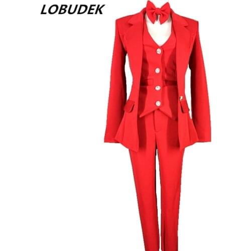 Bar Nightclub Female Jazz Rock Hip-Hop Dance Outfit Singer Host Performance Stage Costume Red Vest Jacket Trousers 3 Pieces Set