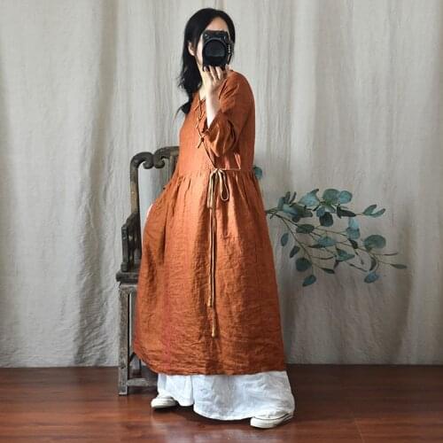 Women Summer V Neck Linen Solid Color Dress Ladies Vintage Flax Dresses Female Autumn Linen Dress 2021