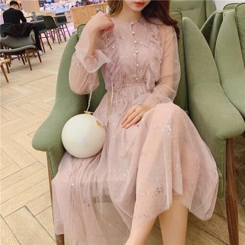 2021 Women Mesh Shiny Sequins Dress Applique Voile A-line Dresses Ladies Single Breasted Female Two Pieces Sets Dresses Autumn