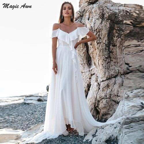 Magic Awn Chiffon Beach Wedding Dresses 2021 Spaghetti Straps Ruffles Simple Ivory Bohemian Bridal Gowns Open Back Vestido Novia