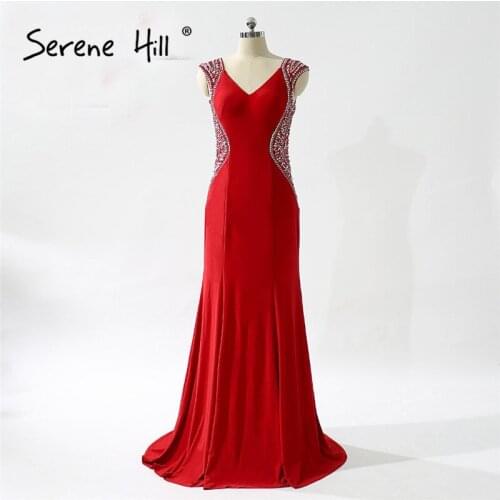 Elegant Red Mermaid Low Back Evening Dresses 2020 Crystal Beaded Sexy V-neck Long Party Gown Vestido De Festa Longo BLA6501