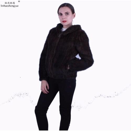 Linhaoshengyue Women Mink Fur Knitting Coat Real Mink Fur