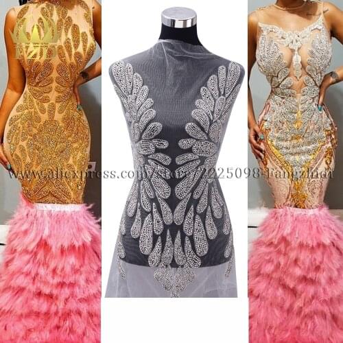 FZD 1 Set Elegant Handmade Big Size Gold Rhinestone Wedding Patch Crystal Dress Patch Bodice Applique for T Show Clothes Decor