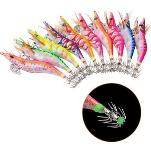 10Pcs Squid Jig bait hook 2.5# 3.0# 3.5# Wooden Shrimp jig Fishing Lures Artificial Luminous Jigging lure with bag