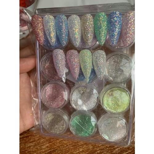 12 Colour Mermaid Effect Glitter Nail Powder Dust Pigment Nail Mermaid Glitter NAILS ART POWDER DUST IRIDESCENT 0.2mm Glitter,y