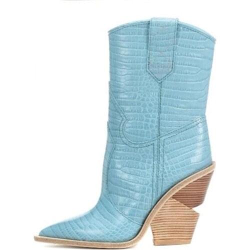 Wide Boots Patent Leather Pointed Toe Slip On Knee High Strange Heels Boots Patchwork Knight Shoes Woman Runway