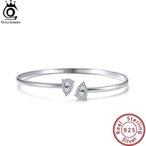 ORSA JEWELS 925 Sterling Silver Bracelet Pyramid Design Pear Cut Triangel Adjustable Bangle For Female Anniversary SB78