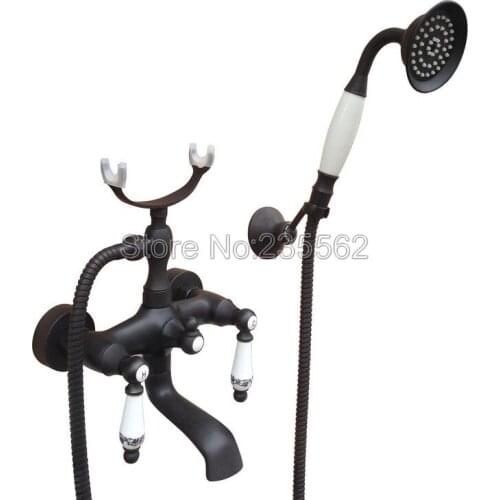 Bathroom Black Oil Rubbed Bronze Wall Mounted Bathtub Faucet Dual Ceramic Handle Shower Mixer Tap + Handheld Spray ltf603