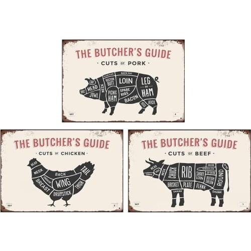 Color 3PCS CHICKEN PORK BEEF Tin Signs THE BUTCHERS GUIDE Retro Posters Bar Pub Wall Decor - 20X30cm