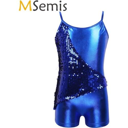 Kids Shiny Sequins Leotards Girls V-shaped Back Metallic Gymnastics Shorty Unitard Spaghetti Shoulder Straps ballet leotards