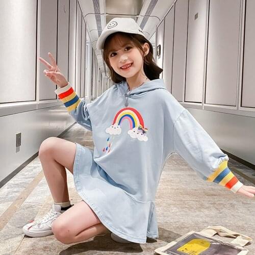 Children Fashion Patchwork Long Hooded Dress Kids Girls Casual Sport Cartoon Dress Teenage Cute Sweatshirt Dress 4 5 6 7 8 9 10y