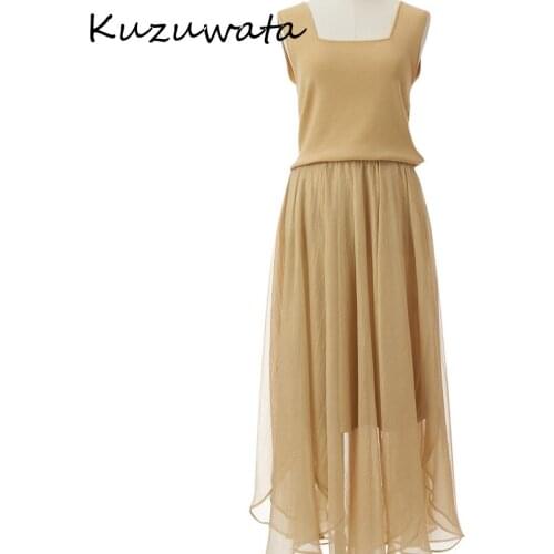 Elegant Mesh Sleeveless Knitted Patchwork Dresses Autumn Japan Style Slim Fit Dress Sexy Square Collar Chic Shinny Robe