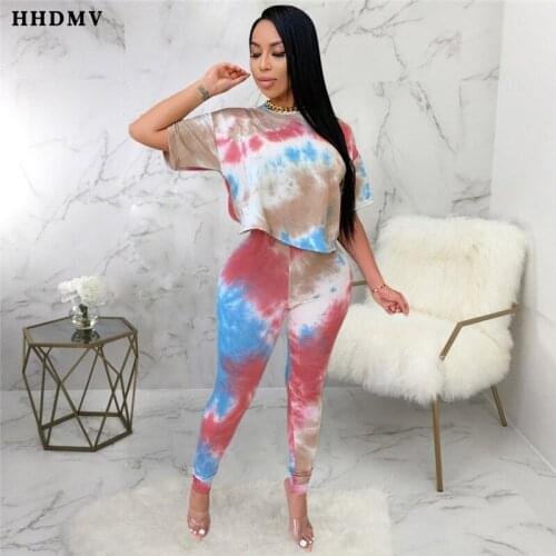 HHDMV 2020 fashion summer street girl style sets short sleeve round neck top elastic long pants printed 2 color two piece sets
