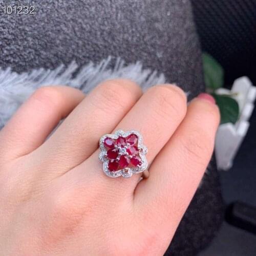 Natural red ruby gem Ring S925 Silver Natural Gemstone Ring Fashion Luxurious big Sun flower Womens party gift fine Jewelry