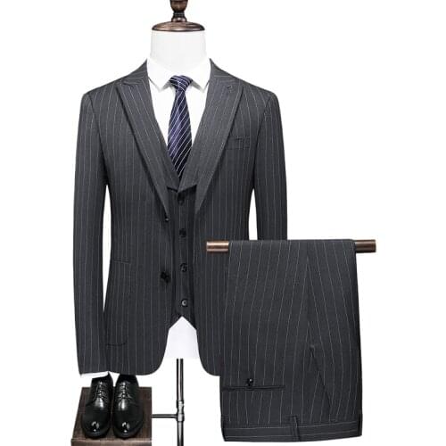 Suit + vest + pants)2021 Men Suit Set The grooms three-piece wedding striped suit/ ensemble costume homme /man suit slim fit