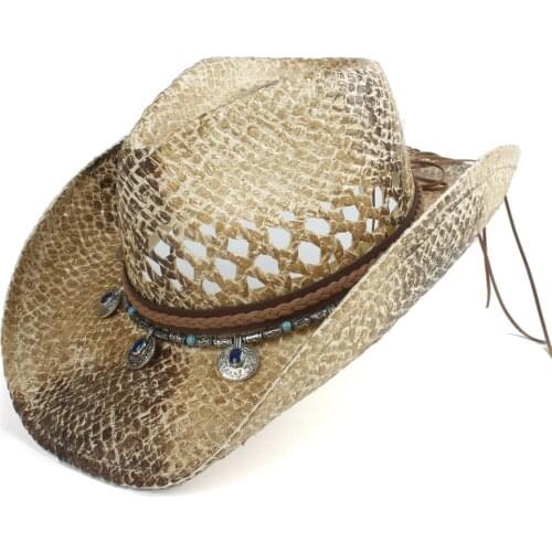 Western Cowboy Hat For Women Men Handmade Straw Bohemia Sombrero Hombre Straw Cowgirl Jazz Sun Caps Size 56-58CM