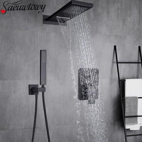 Matte Black Waterfall Rain Shower Faucet Set In Wall Shower Column Brass Mixer Valve Shower Tap Bathroom Faucet Shower Panel