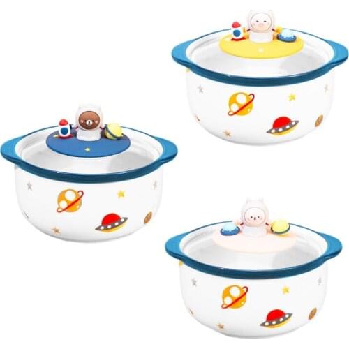 Cartoon Instant Noodle Bowl with Lid Ceramic Bowl Fruit Salad Tray 1000Ml Capacity Office Fruit Bowl Tableware