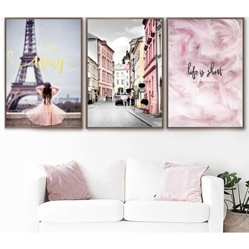 Wall Art Print Pink Paris Girl Dream City Canvas Painting Nordic Posters And Prints Wall Pictures For Living Room Bedroom Decor