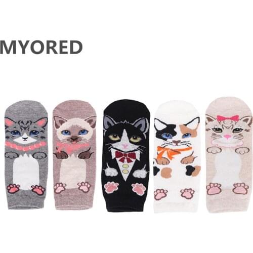 MYORED 5pairs female fashion sexy socks slippers women cartoon animal cart pattern cotton breathable causal dress socks for girl