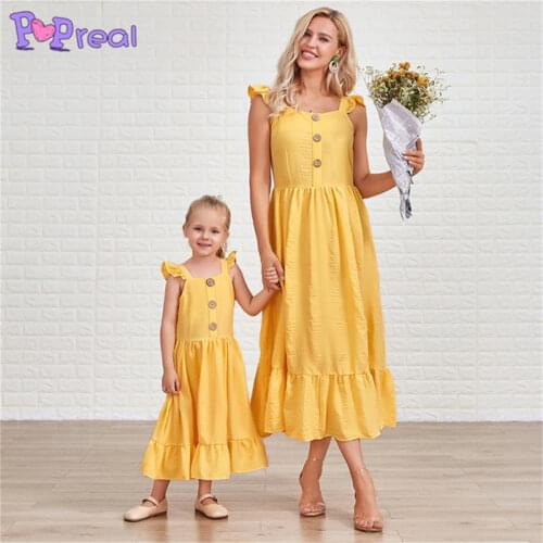 PopReal Parent-Child Outfit Fashion Dress Flying Sleeves Mom And Daughter Skirt Family Matching Outfits Buttons Solid