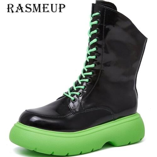 RASMEUP Women Flat Platform Casual Leather Round Toe Knight Boots Cross Straps Zipper Mujer Retro High Heel Boots Brand
