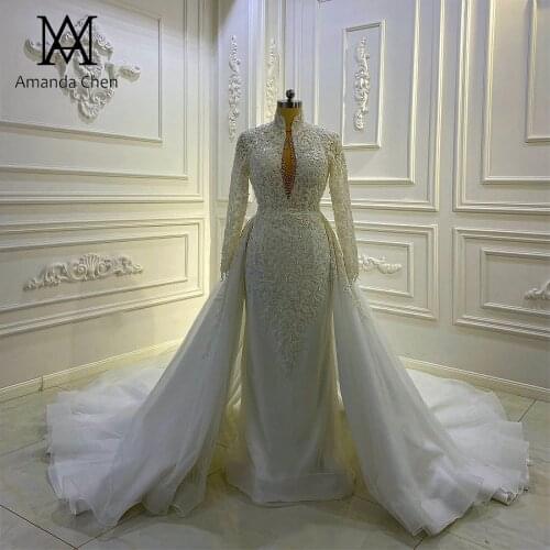 High Neck Long Sleeve Lace Applique Keyhole Back Detachable Skirt Wedding Dress