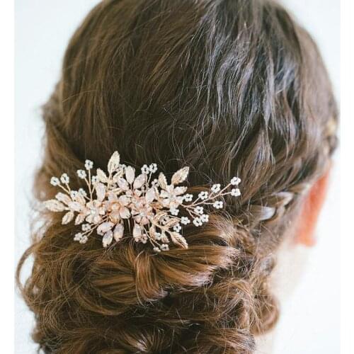 Bridal Hair Accessories Wedding Gold Color Metal Hair Comb Clip Flower Women Hair Jewelry Bridesmaid Pearl Rhinestone Headpiece