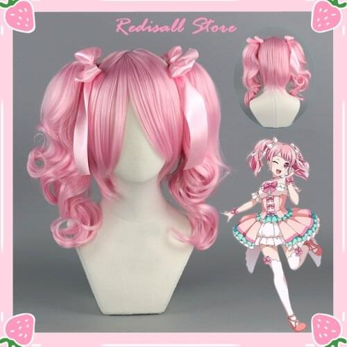BanG Dream! Maruyama Aya Pink Pigtail Role Play Halloween Base Wig + ponytail Costume Sweet Lolita Hair Synthetic Heat Resistant