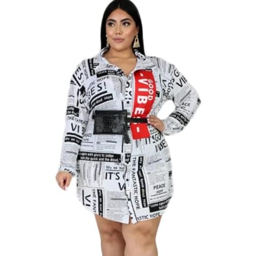 Oversized Women Shirt Autumn Dress Fashion Newspaper Print Loose Ruffled Dresses New Style Outfit 2021 Wholesale Drop Shipping