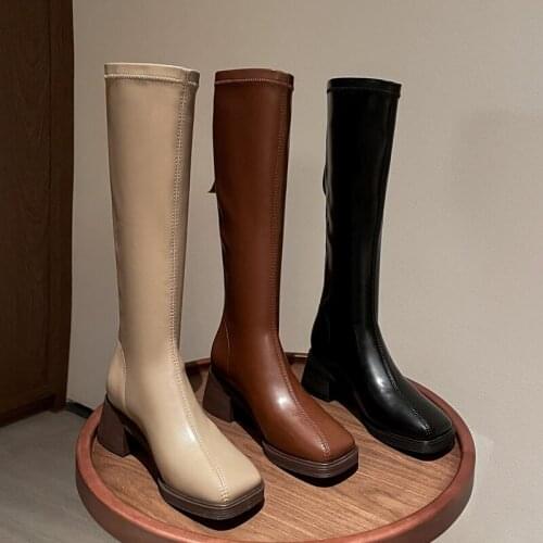 Autuspin Womens Boots Fashion Casual Mid-calf Shoes Comfortable High Heels Office Lady Footwear Modern Women Boot Elegant Shoes