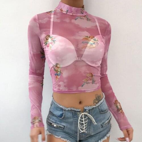 Womens Summer Long Sleeves Mock Neck Crop Top Romantic Colored Angel Cupid Printed T-Shirt High Quality and Brand New