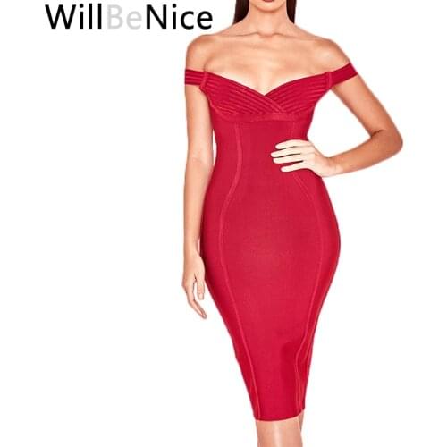 WillBeNice 2019 Wine Red Bodycon Bandage Dress Sexy Celebrity Party Dresses Women Off The Shoulder Elegant Dress Bandage Club