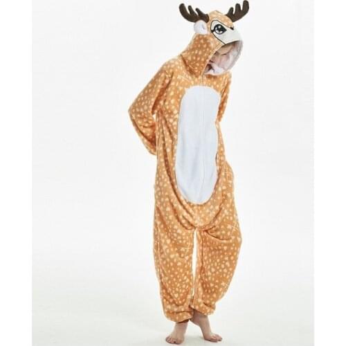 Winter Kigurumi Deer Long Sleeve Hooded Deer Onesies for Adults Whole One Piece Animal Pajamas Flannel Warm Homewear Onesie